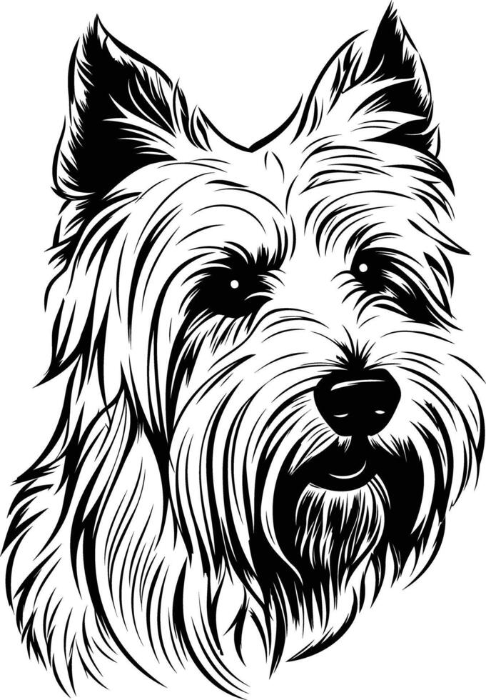 A striking black and white illustration of a westie's head, capturing its distinct features and playful expression vector