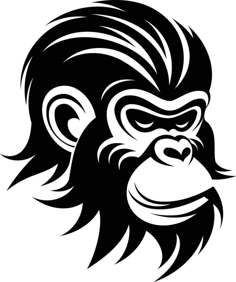 A bold, black and white illustration of a monkey's head, perfect for tattoo designs, t shirt graphics, or any project needing a strong, primal feel vector