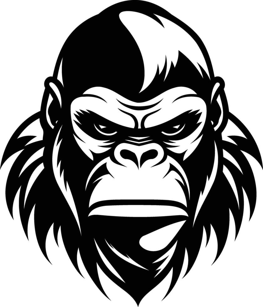 Powerful black and white illustration of a gorilla's face, perfect for a tattoo design, clothing print, or logo vector