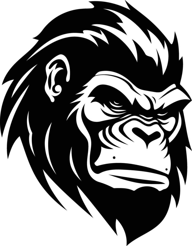 A powerful and intense black and white illustration of a gorilla's head, perfect for tattoo designs, branding, or any project needing a fierce and bold aesthetic vector