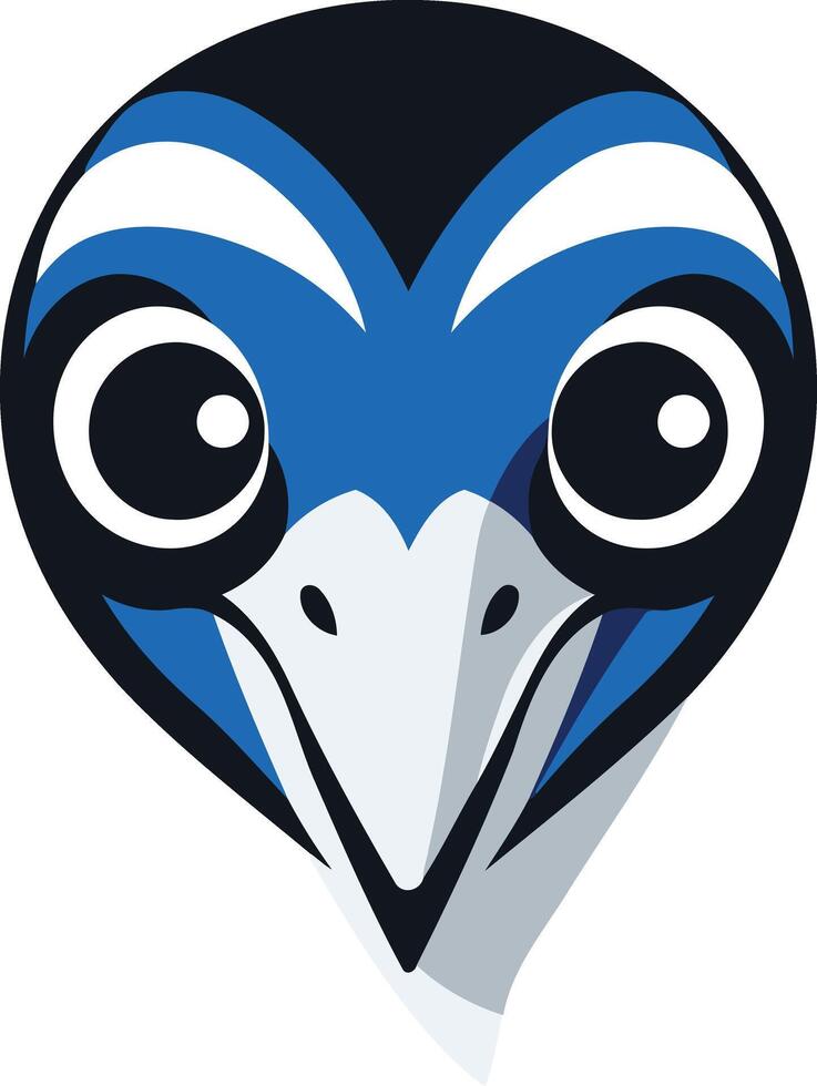 Cute cartoon emu head with big eyes, blue and black color scheme vector