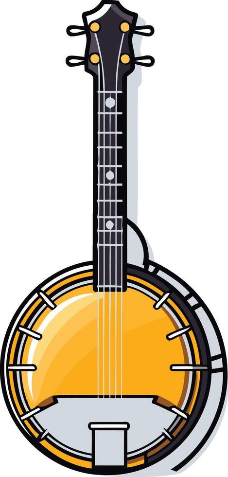 A simple cartoon illustration of a banjo with a yellow body and a black neck, perfect for use in folk music or bluegrass projects vector