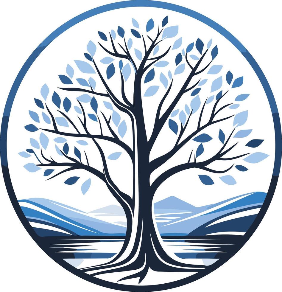A stylized tree with blue leaves, standing tall in a circular frame, with a serene landscape of mountains and water at the base vector