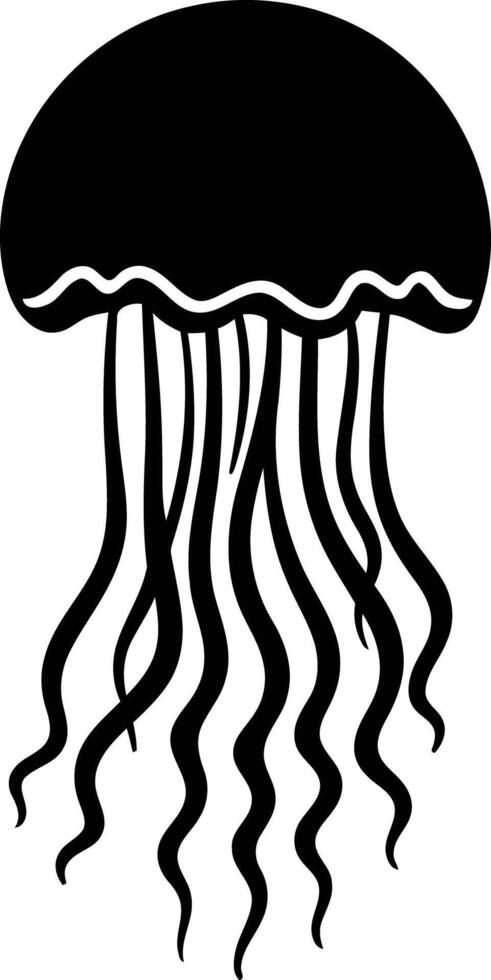 Simple, black and white silhouette of a jellyfish with a rounded dome and flowing tentacles vector