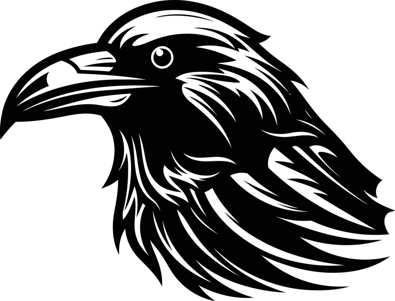 A striking black and white illustration of a raven's head, perfect for branding, logos, tattoos, and more vector