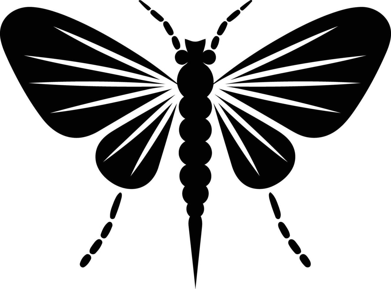 A simple, stylized black silhouette of a moth with detailed wings and segmented body vector