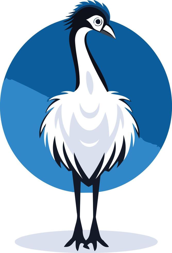 A simple and stylized illustration of a crane bird with blue and white feathers, standing on a blue circular background vector