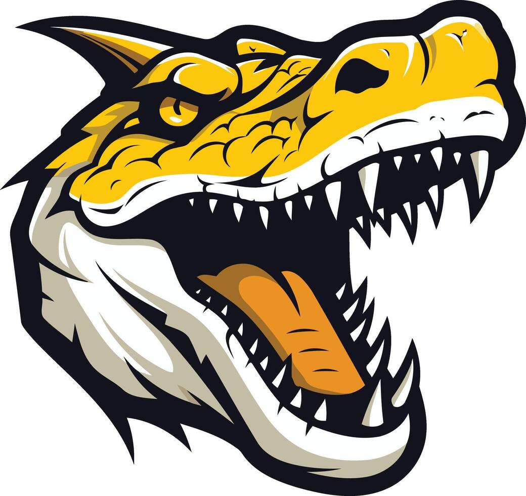 A fierce, cartoon style dinosaur head with a wide open mouth and sharp teeth vector