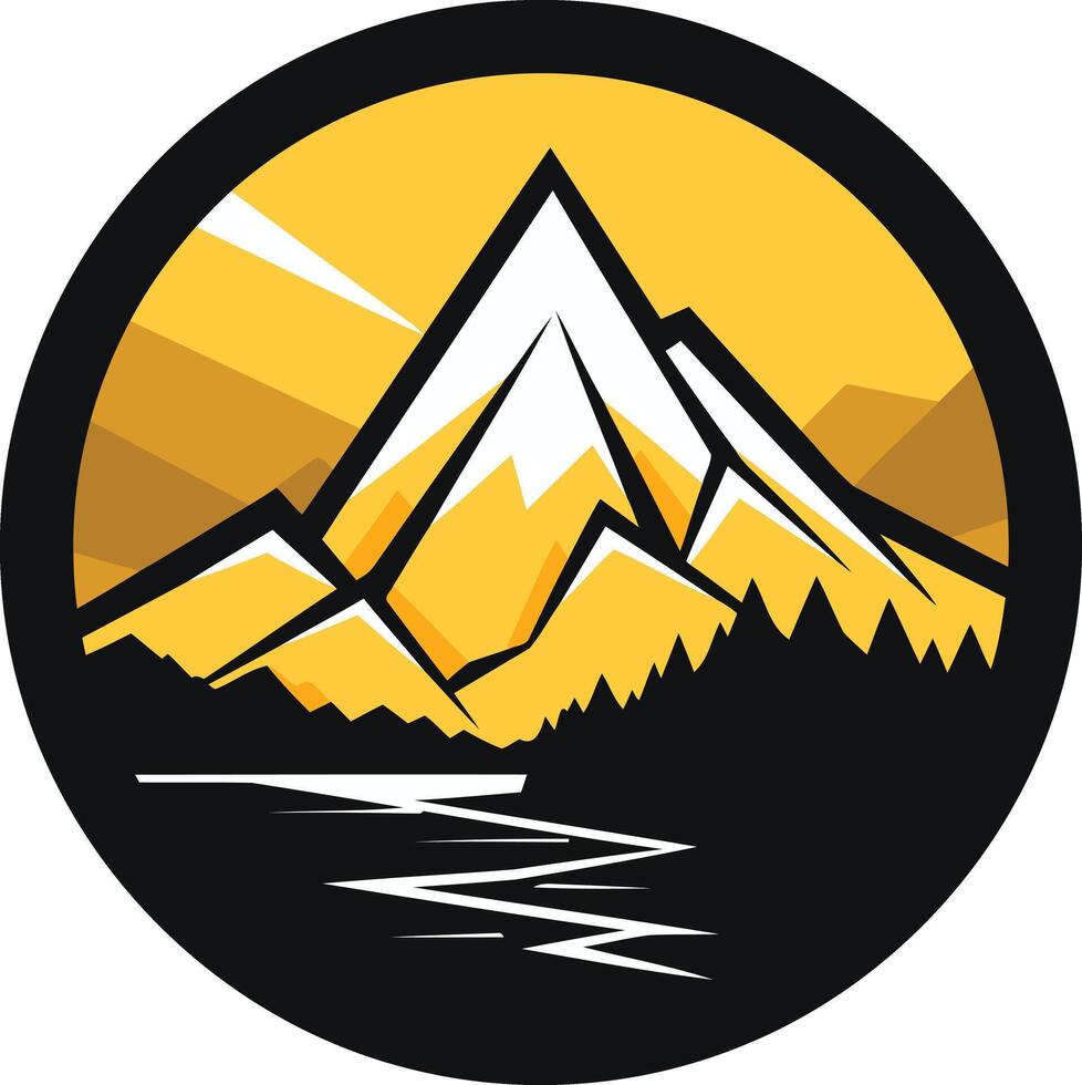 A bold and modern mountain logo featuring a stylized mountain range with a river in the foreground vector