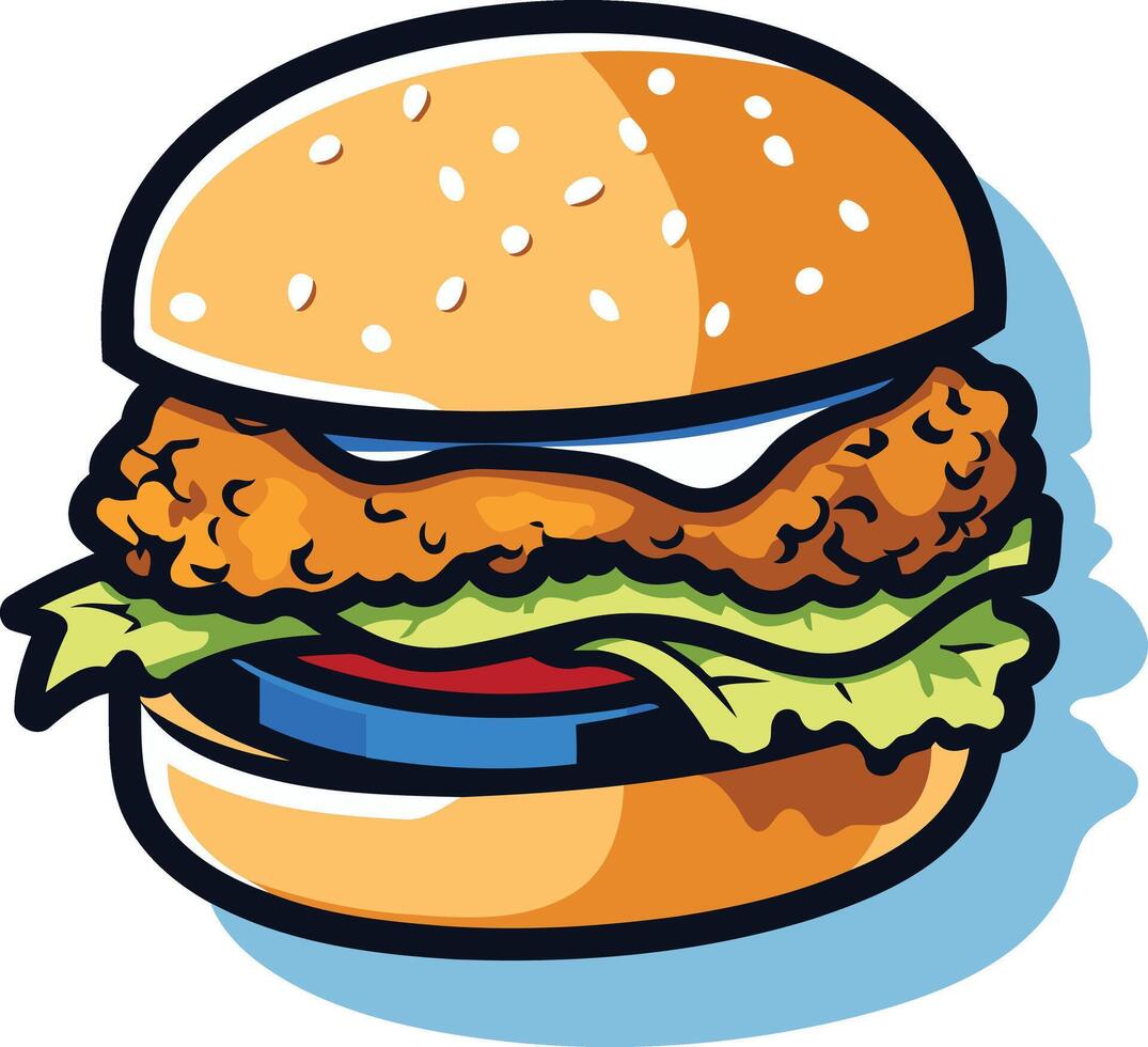 A cartoon style illustration of a juicy, delicious chicken burger, perfect for food blogs, social media, menus, and more vector