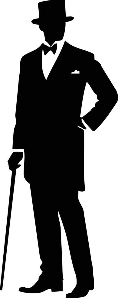 Silhouette of a gentleman in a top hat and suit, holding a walking stick vector