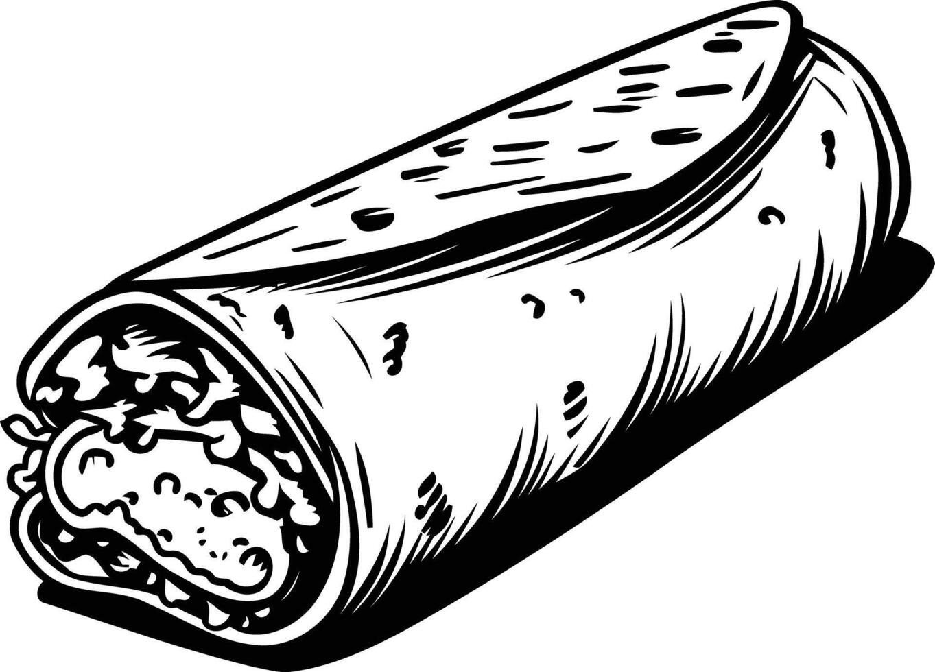 Hand drawn illustration of a delicious burrito in black and white vector
