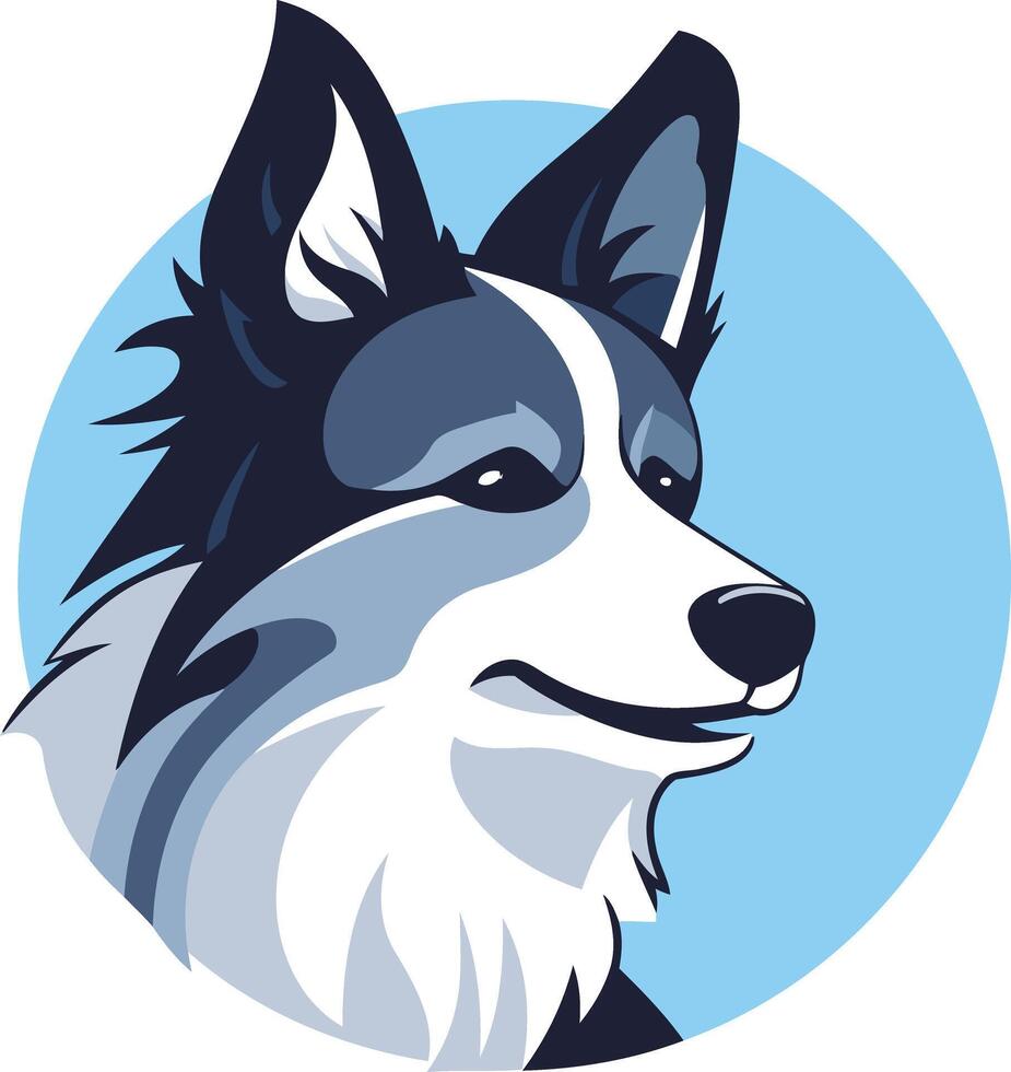 A friendly cartoon border collie logo design featuring a dog with a black and white coat, blue eyes, and a happy expression vector