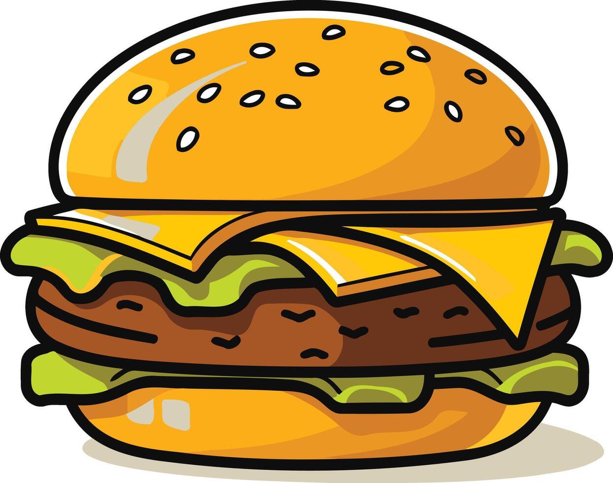 A cartoon illustration of a delicious cheeseburger with lettuce, sesame seed bun, and melted cheese vector