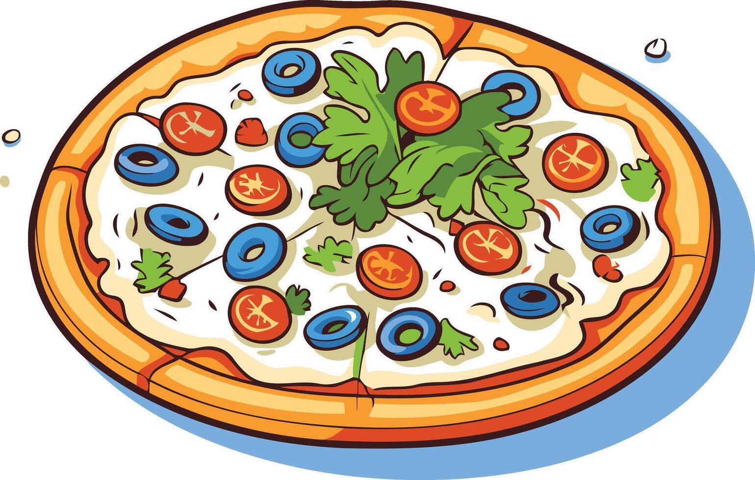 A cartoon illustration of a delicious pizza with blue cheese, tomatoes, and fresh herbs vector