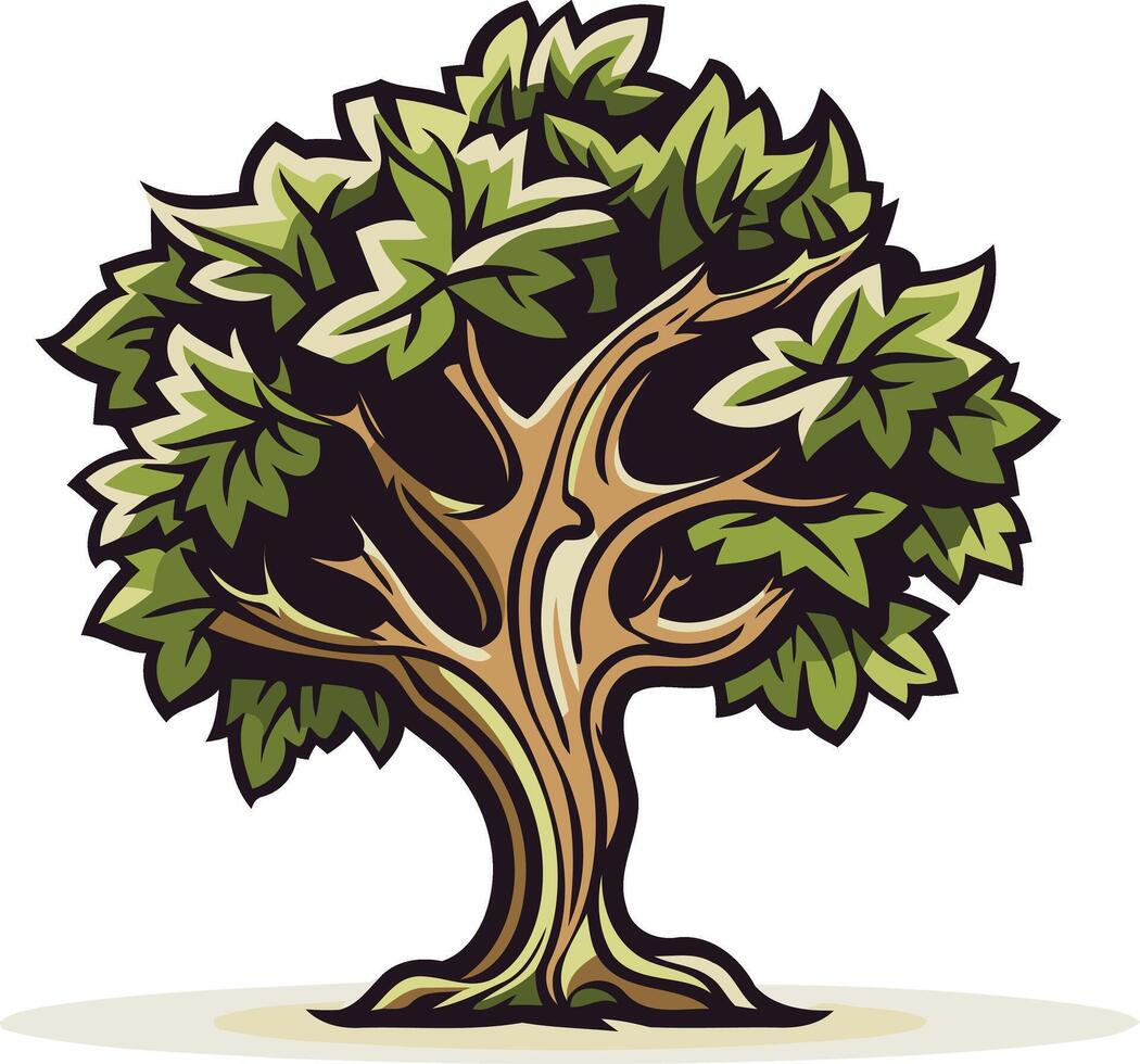A cartoon illustration of a vibrant green tree with a thick, stylized trunk vector