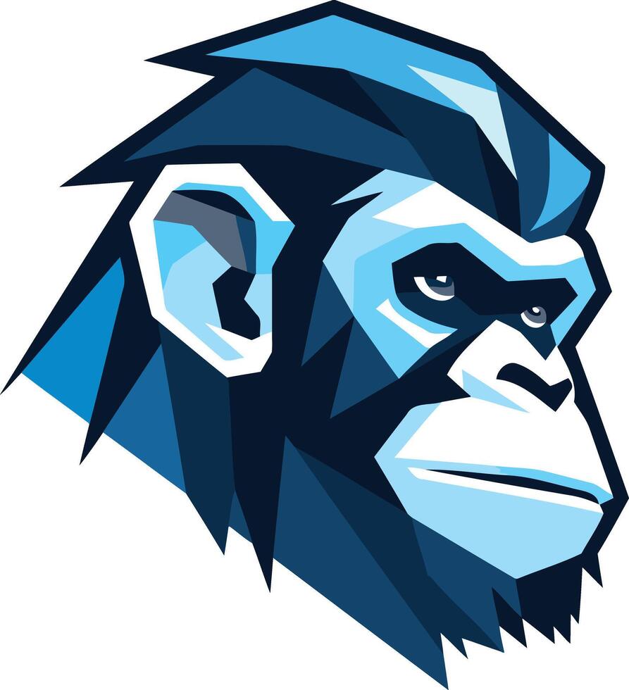 Geometric, abstract illustration of a chimpanzee's face in blue and white tones vector