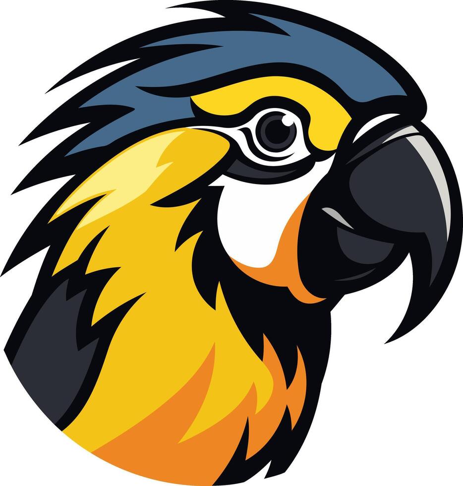 A bold and vibrant illustration of a blue and yellow macaw's head, perfect for use in logos, branding, and sports designs vector