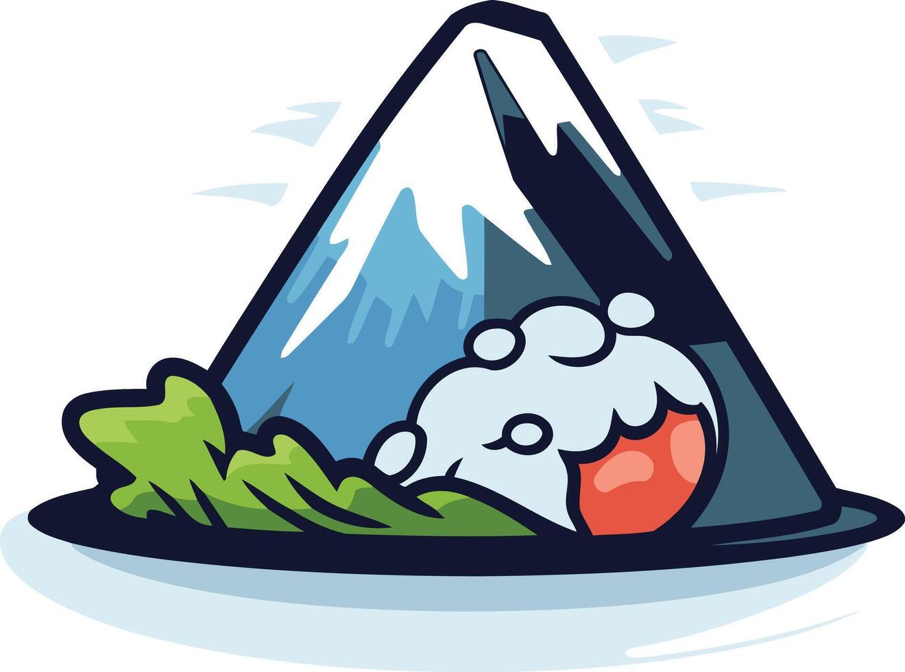 Cute cartoon illustration of mount fuji with a red flower and green leaves vector