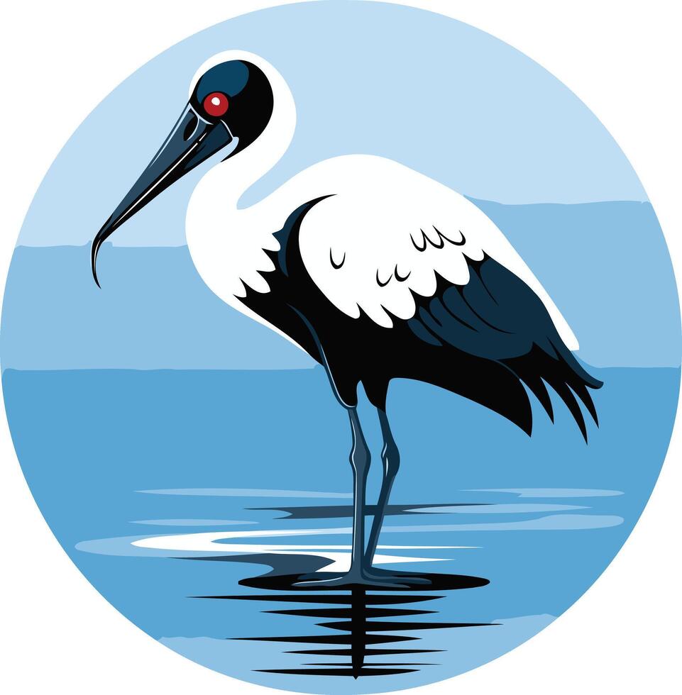 A striking illustration of a black necked stork standing in shallow water, with its red eye contrasting against the blue background vector