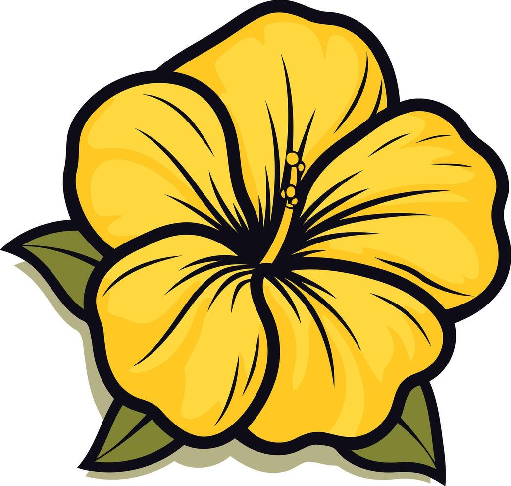 A cheerful, cartoon style yellow hibiscus flower with green leaves vector