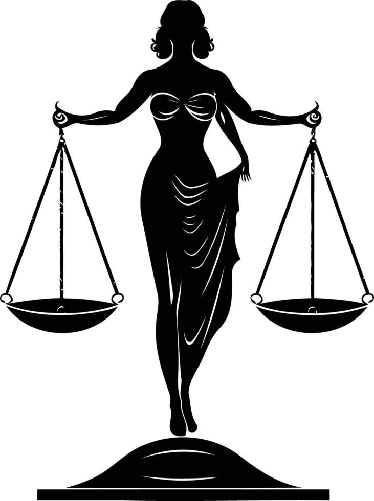 A striking silhouette of lady justice, the symbol of law and justice, holding scales in a powerful pose vector