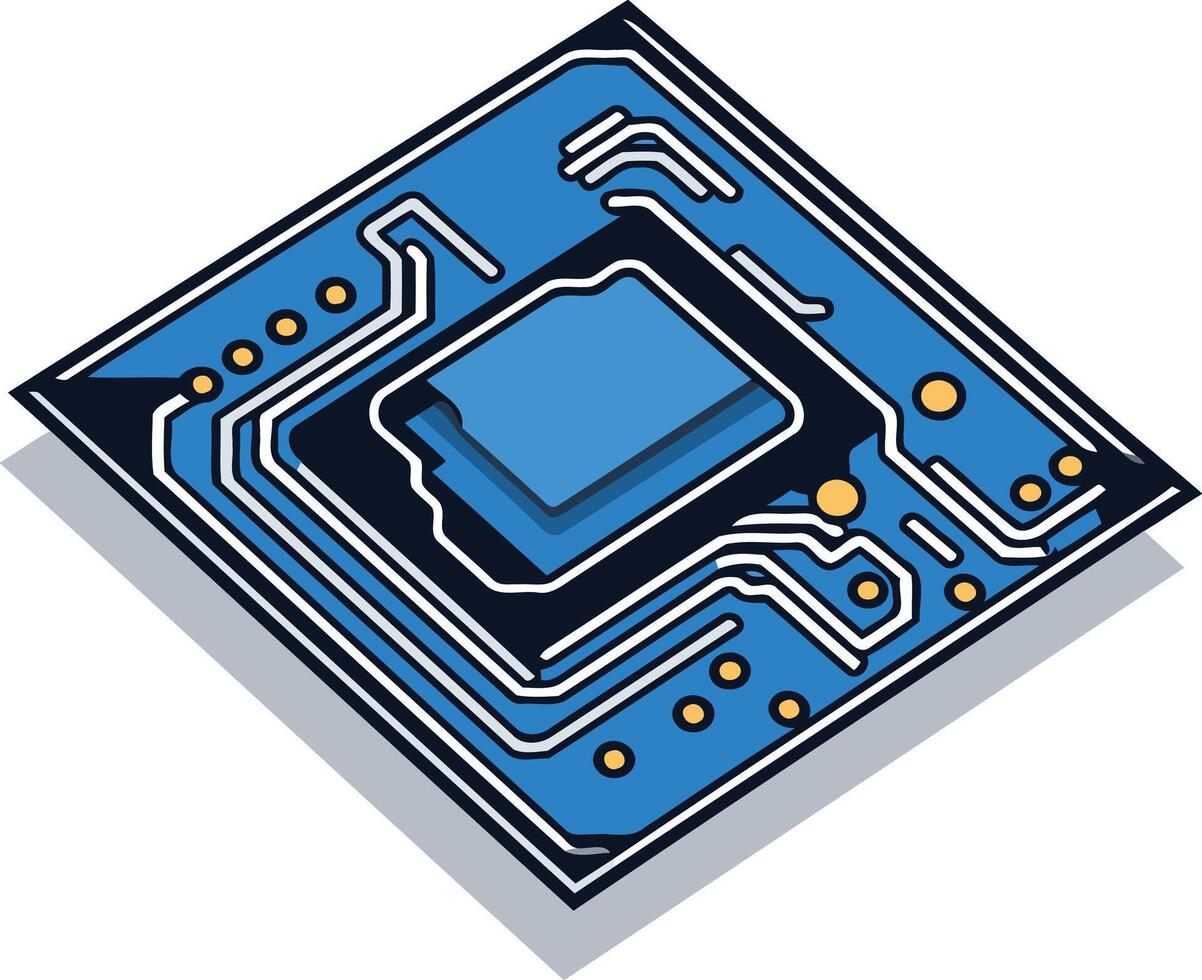 Isometric illustration of a computer chip with blue circuit board and a central processor vector