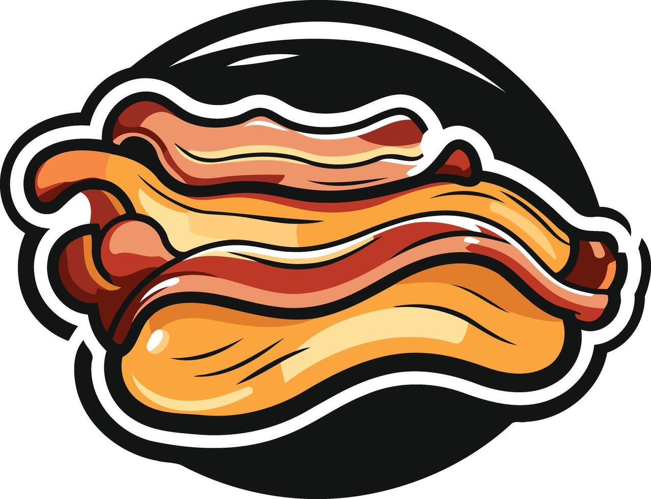 Cartoon illustration of crispy bacon strips in a stylized design perfect for food packaging, menus, or branding vector