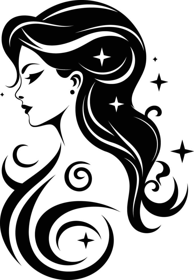 Elegant black and white illustration of a woman with flowing hair and stars, perfect for tattoo design or beauty branding vector