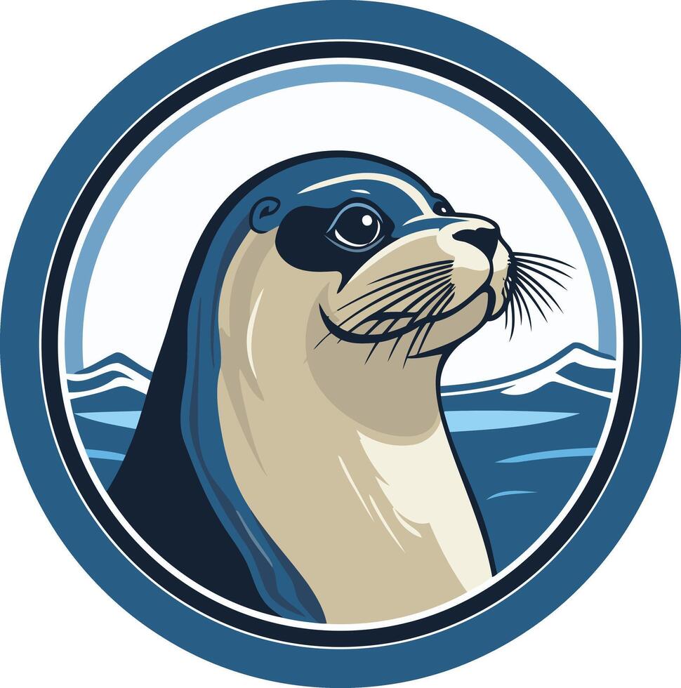 A cute cartoon seal with blue eyes and a friendly expression, set against a blue ocean background, perfect for branding, logos, and children's products vector