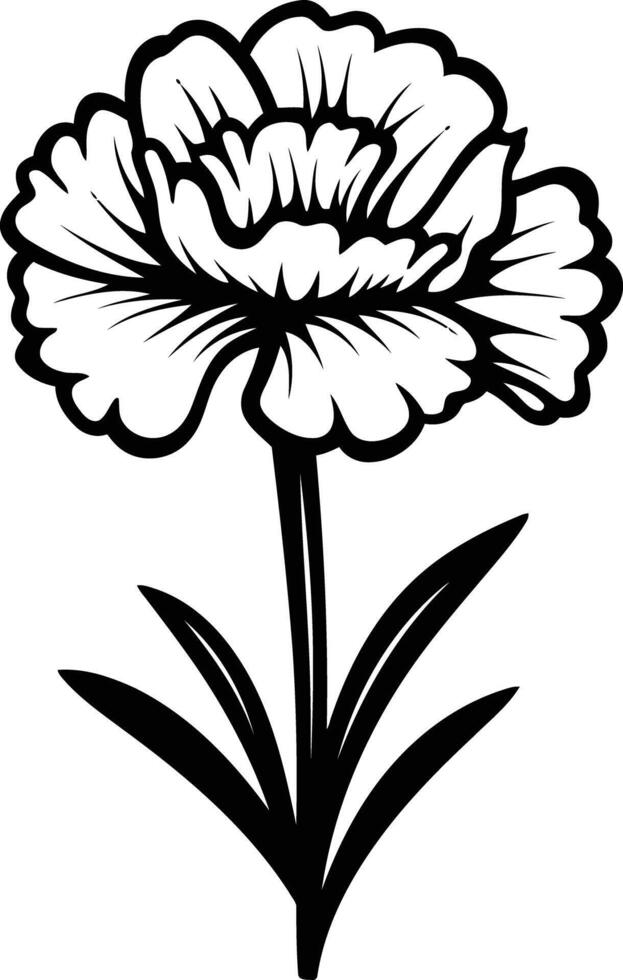 Black and white illustration of a single carnation flower with leaves vector