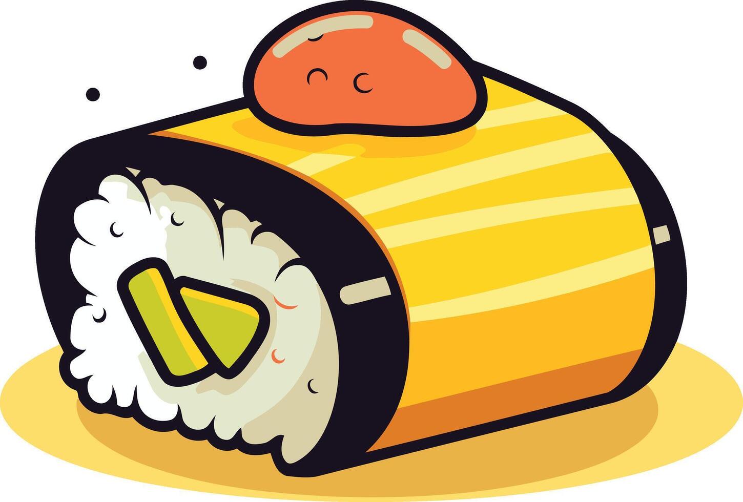 Cute cartoon illustration of a sushi roll with avocado and a smiling piece of fish on top vector