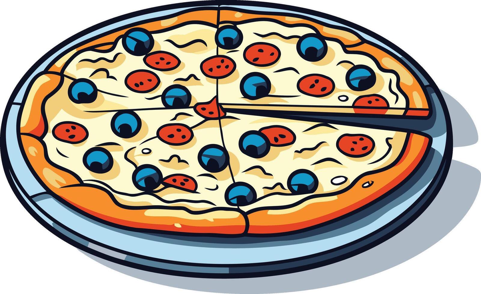 A cartoon pizza with a single slice removed, ready for a delicious meal perfect for menus, recipes, and food related illustrations vector