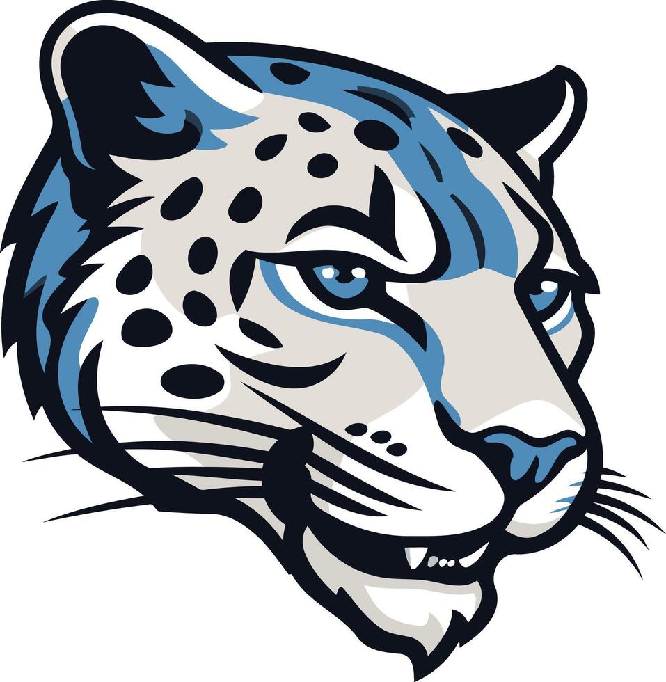 A bold and striking illustration of a snow leopard's face, featuring a detailed portrait with blue accents and sharp features vector