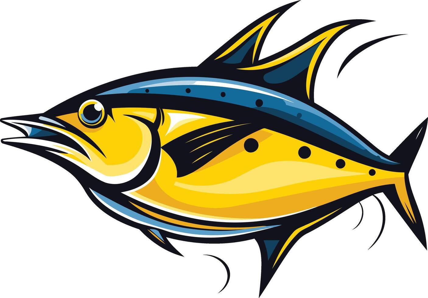 A stylized cartoon tuna fish, with a vibrant yellow body, blue fins, and black outline vector