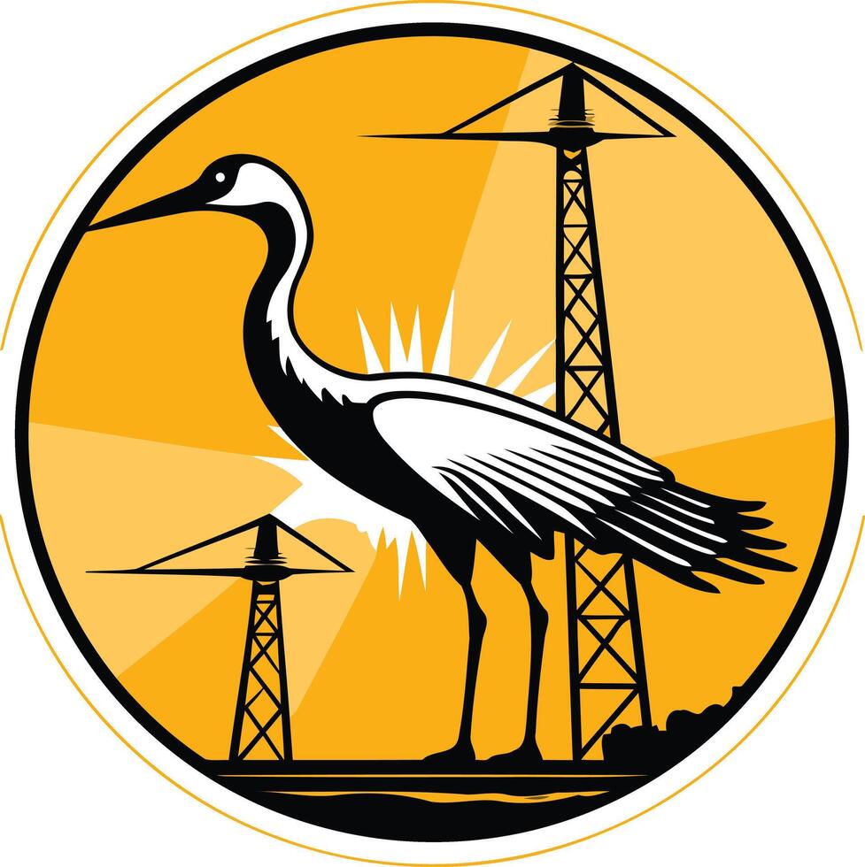 A striking black and white illustration of a crane standing next to a power line tower vector