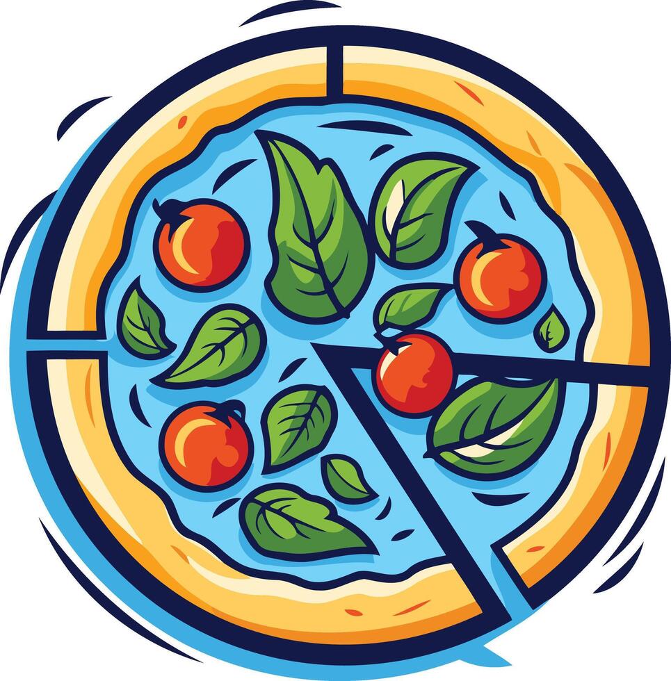 A cartoon pizza with a blue background, topped with green basil and red tomatoes vector