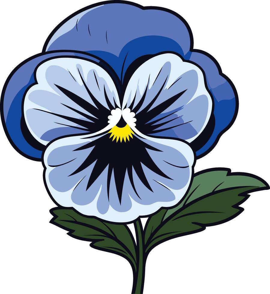 A cheerful cartoon illustration of a blue pansy flower with a yellow center vector