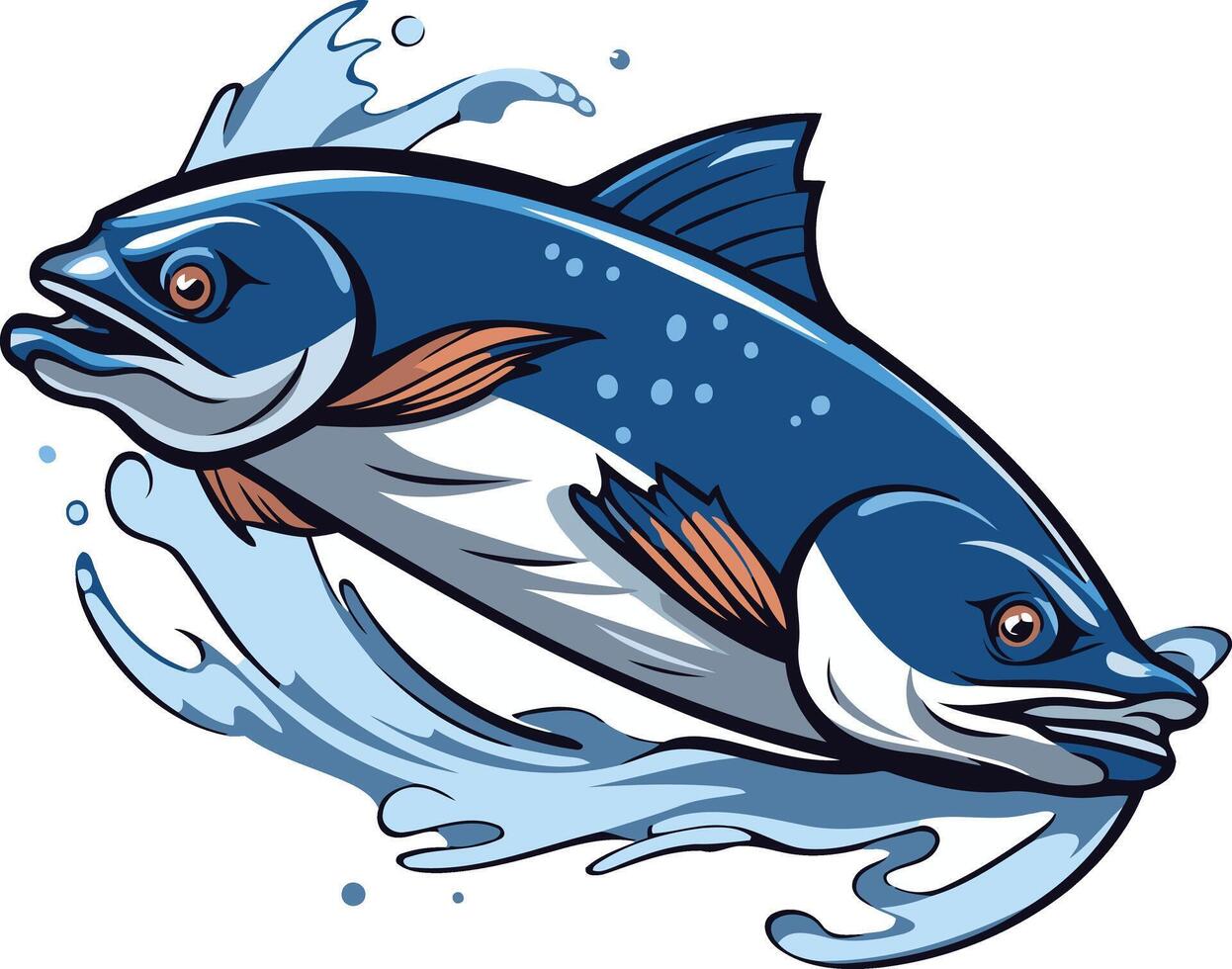 A vibrant illustration of a leaping salmon, bursting from the water with a splash vector
