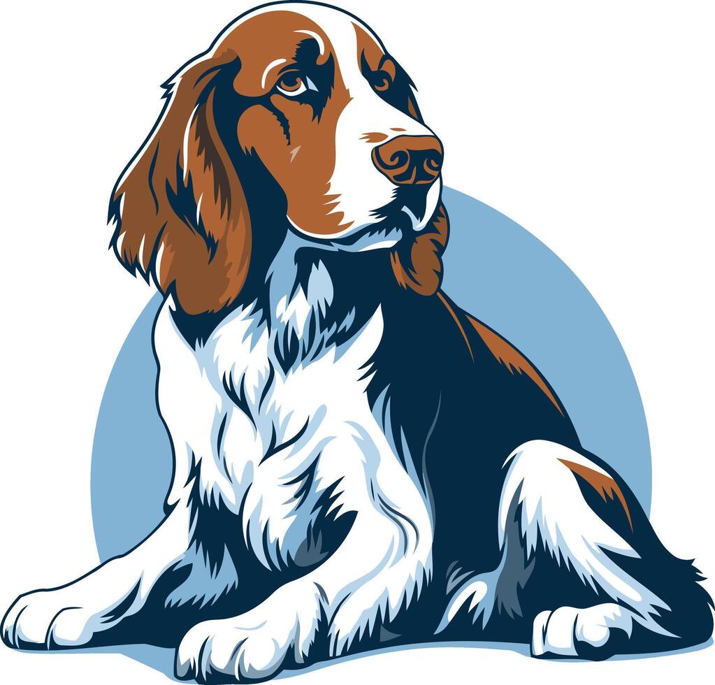 A friendly, cartoon style welsh springer spaniel sits with a playful, alert expression vector