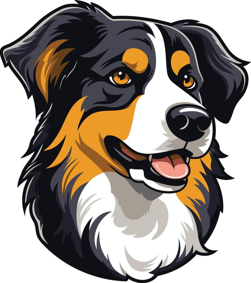 A friendly, cartoon style illustration of an australian shepherd dog with black, white, and tan fur vector