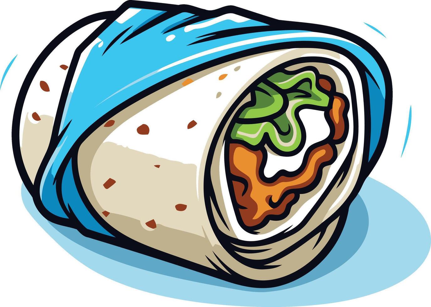 A cartoon illustration of a delicious burrito wrapped in blue foil vector
