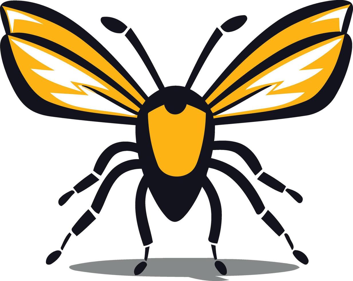 A bold, cartoon style illustration of a bee with vibrant yellow wings and black legs vector