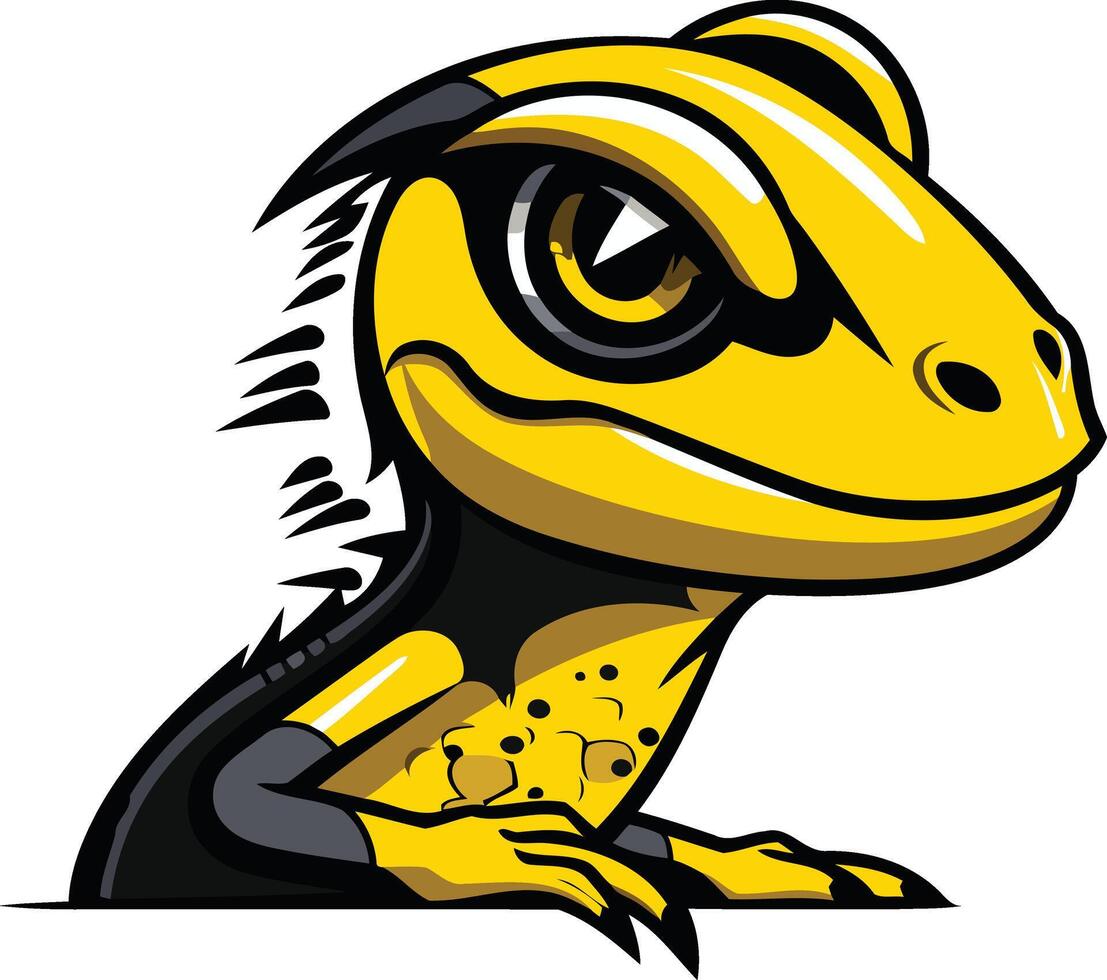 Cute cartoon lizard mascot with a yellow body, black accents, and a mischievous grin vector
