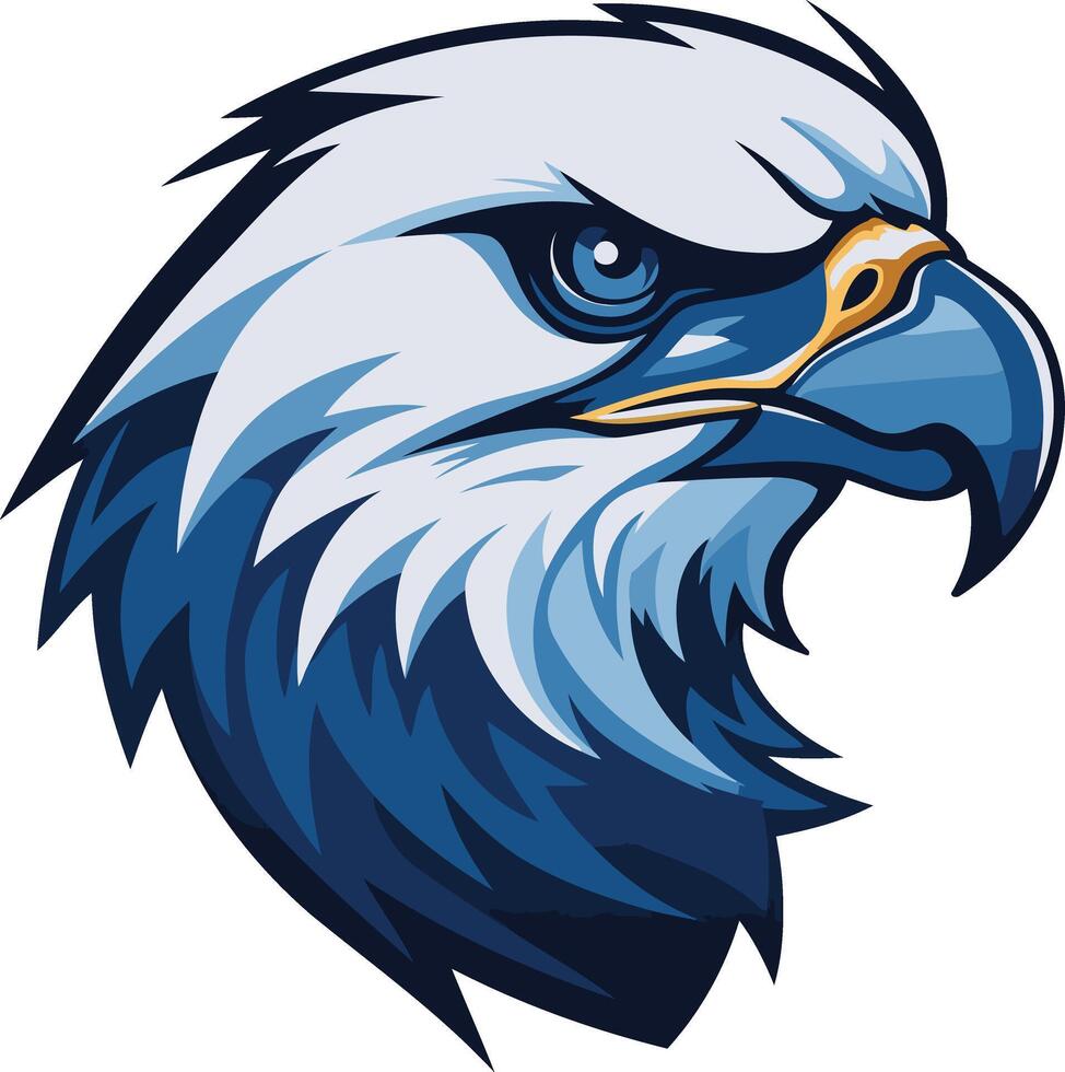 A bold and dynamic illustration of an eagle's head, rendered in blue and white vector