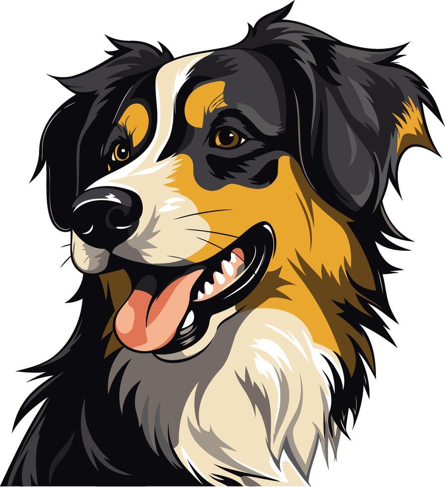A friendly cartoon illustration of an australian shepherd dog with a black and white coat and tan markings vector