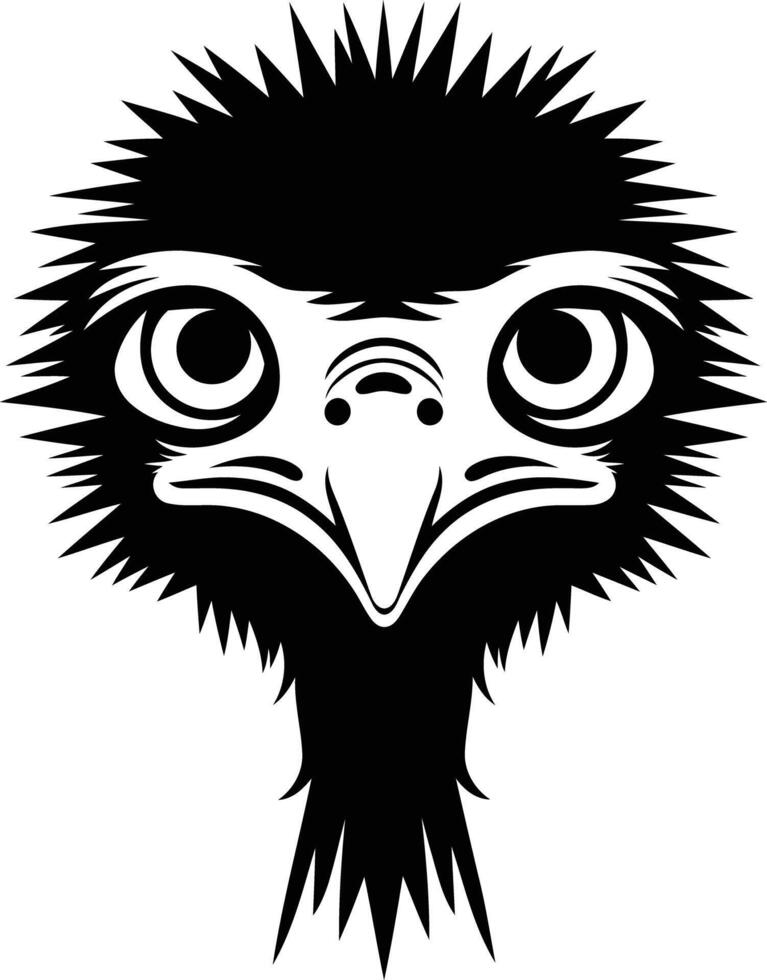 A bold, black and white illustration of an ostrich's head, with a striking gaze and sharp detail vector