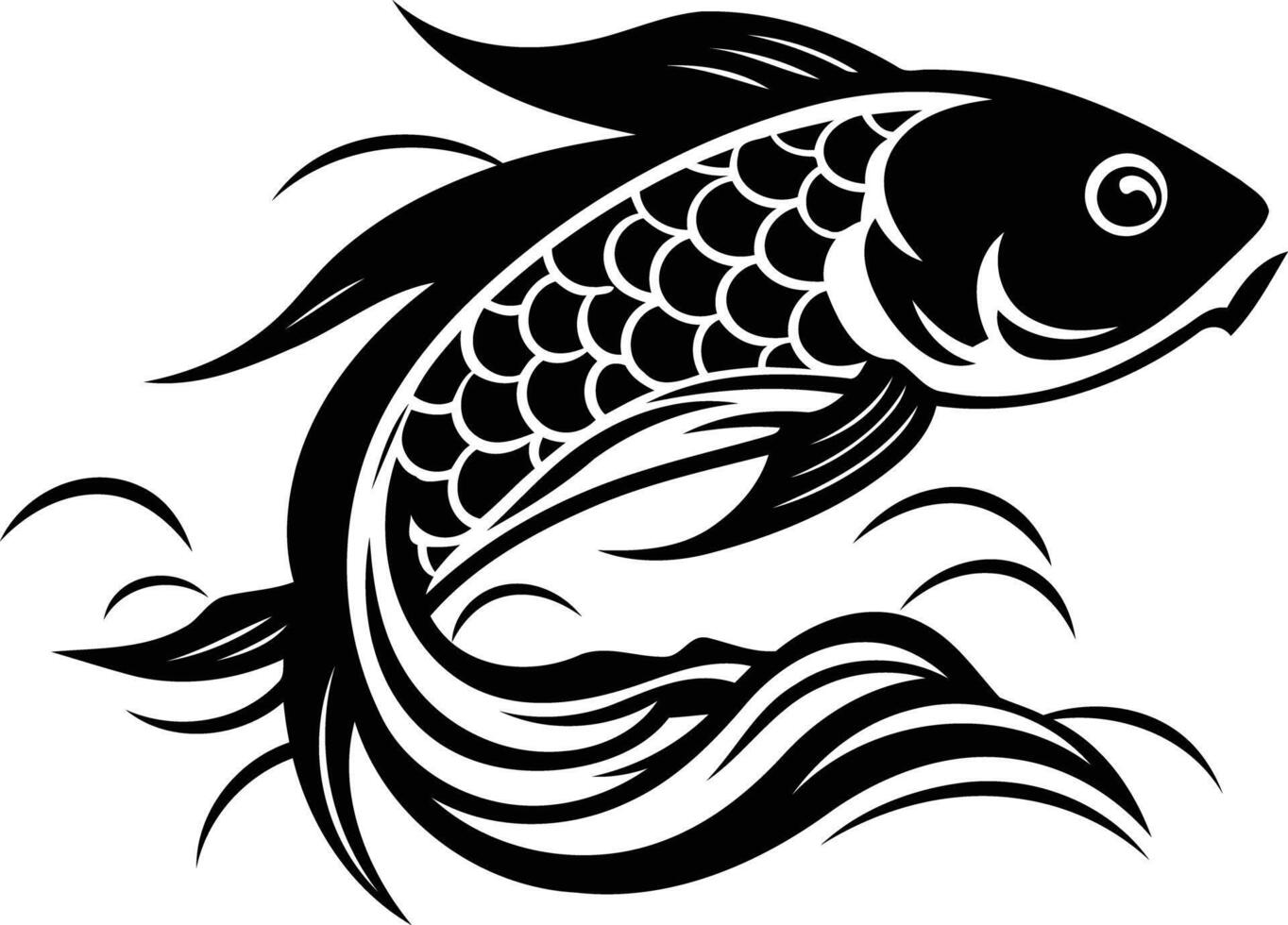 Black and white illustration of a stylized koi fish leaping out of the water vector