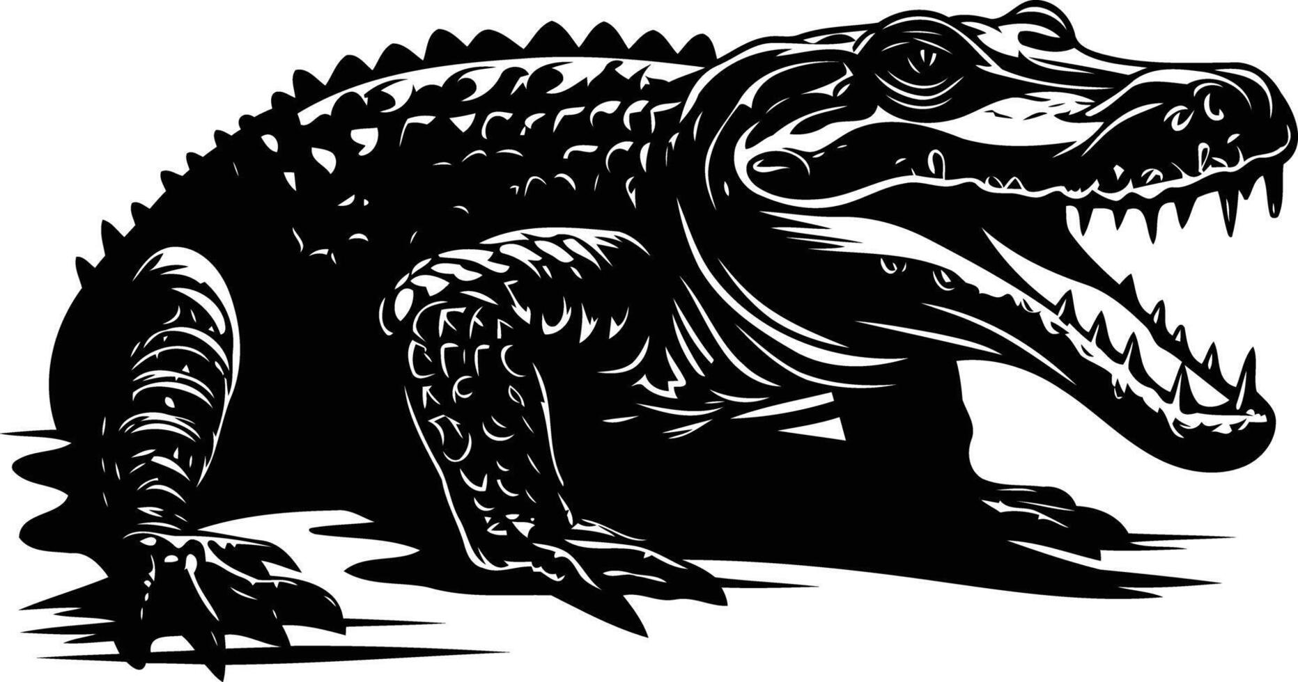 A bold, black and white silhouette of an alligator with its mouth open, showcasing sharp teeth vector