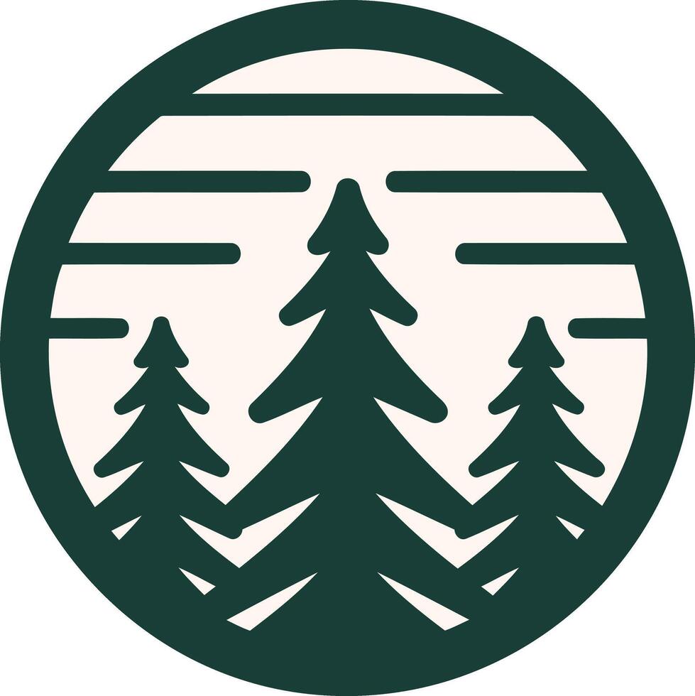 A minimalist, circular logo featuring three evergreen trees against a stylized sunset vector